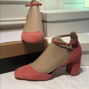 Pink suede block heels